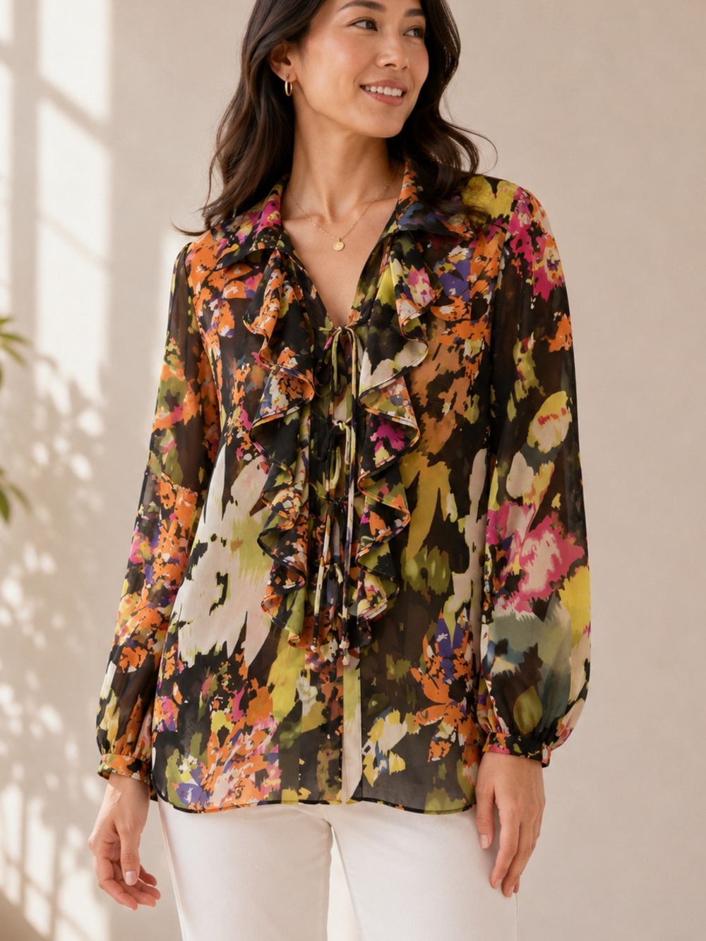 CAbi long sleeves sheer Floral Cascade Ruffle Tie-Front Blouse‎ M